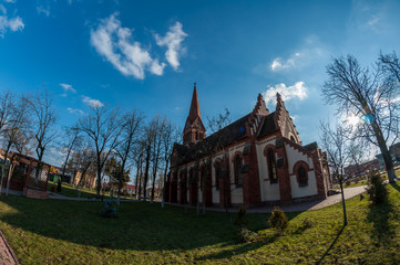 Fototapeta na wymiar Fisheye view of a reformed church built in 1897