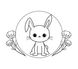 cute rabbit in frame circular with flowers