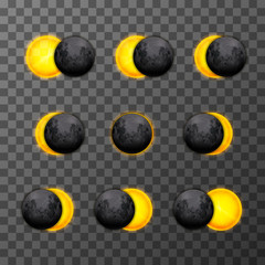 Obraz na płótnie Canvas Nine eclipse stages with realistic satellite moon and star sun on transparent background