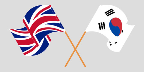 Crossed and waving flags of South Korea and The UK