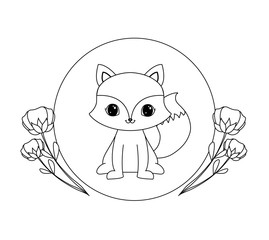 cute fox in frame circular with flowers