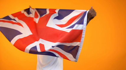Fototapeta premium Sport fan holding British flag, cheering for favorite team victory, back view
