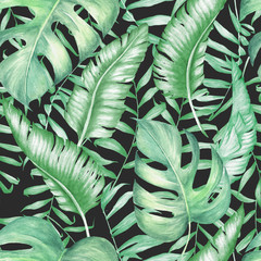 Seamless pattern of palm, banana and monstera leaves. Watercolor tropical design. Hand drawn illustration.