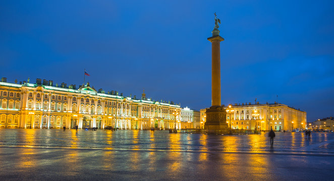 Palace Square in St. Petersburg at night.