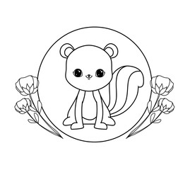 cute chipmunk in frame circular with flowers