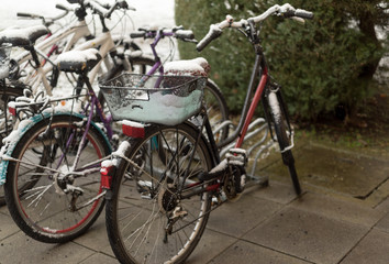 Fototapeta na wymiar Bikes after a snowfall