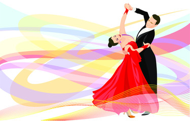 Dancing couple. Woman in red dress and a man in a black costume. Wave shaped elements on back.