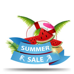 Summer sale, creative web banner with ribbon, watermelon slices, palm leaves and lifeline