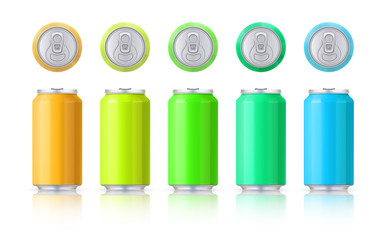 Vector set of glossy colored aluminum cans. Template on a white background with reflection. Vector. EPS10