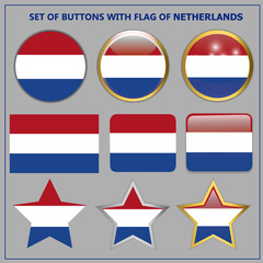 Bright buttons with flag of Netherlands. Happy Netherlands day buttons. Bright illustration with grey background.
