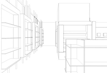 shop, store, contour visualization, 3D illustration, sketch, outline