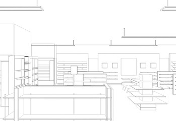 shop, store, contour visualization, 3D illustration, sketch, outline