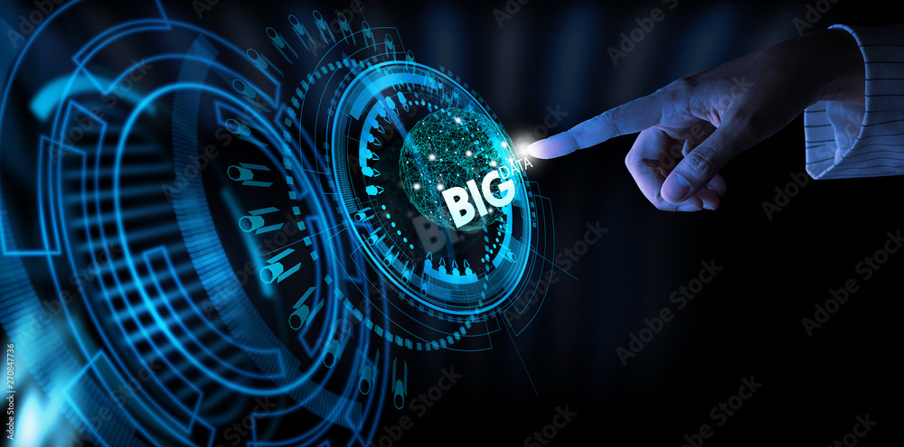 Poster Big data world and globe icon ui with hand selecting and pressing Big Data symbol and modern interface.