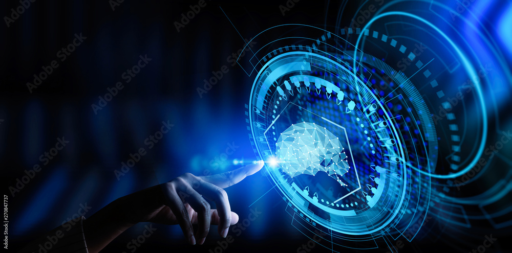 Poster Artificial intelligence (AI) with machine deep learning and data mining and another modern computer technologies UI by hand touching low poly icon.data scinece.