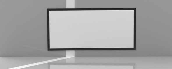 Render de pasillo y cartelera de anuncio con marco de luz ne&oacute;n. Fondo de estudio y valla publicitaria abstracto, materiales modernos texturas y combinaciones de colores.