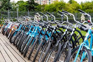 Bicycles stand in a row in the city Park in the summer