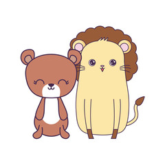 cute lion with bear animals isolated icon