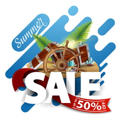 Summer sale, creative web banner with modern texture, treasure chest, ship steering wheel, palm leaves, gems and pearls