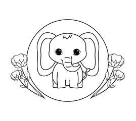 cute elephant in frame circular with flowers