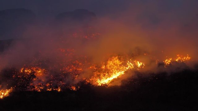 Slow motion shot of a bushfire on the moorland.
