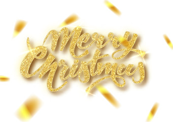 Merry christmas card with golden glitter lettering. Golden confett.Hand drawn text, calligraphy for your design. Calligraphy lettering New Year. Vector illustration.