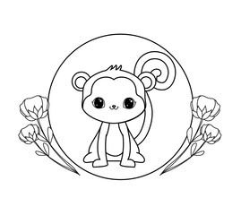 cute monkey in frame circular with flowers