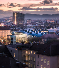 GRAZ, AUSTRIA: View of the roof at sunset in Graz.