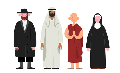 People of various religious denominations. Smiling characters in religious clothing. Judaism, Islam, Buddhism and Christianity. Flat cartoon vector illustration.