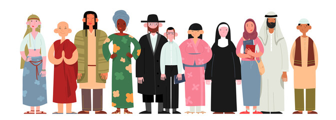 People of different religions and cultures as well as different skin colors standing together on white background. Happy people wearing various national and religious clothing. Vector illustration. - obrazy, fototapety, plakaty