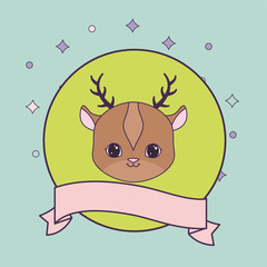 head of cute reindeer in frame circular with ribbon