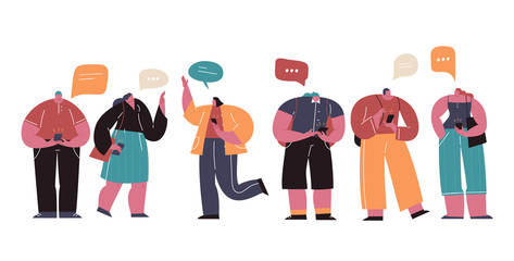Social Network and Virtual Communication Concept illustration. Group Of Young People Characters Chatting Using Smartphone For Website Or Web Page. Flat cartoon vector illustration.