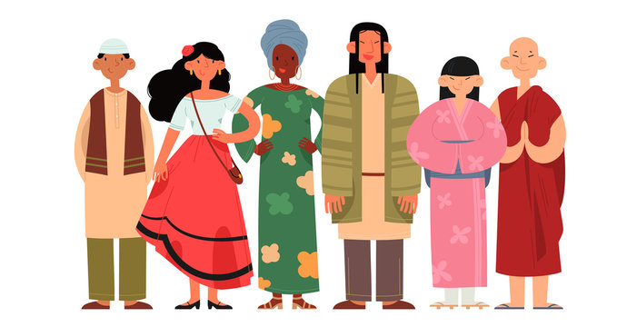 People of different religions and cultures as well as different skin colors standing together on white background. Happy people wearing various national and religious clothing. Vector illustration.