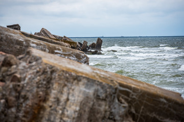 storm on the rocky sea beach