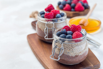 Layered chocolate and peanut butter chia seed pudding in jar, garnished with raspberry and blueberry, horizontal, copy space