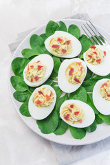 Deviled eggs stuffed with avocado, egg yolk and mayonnaise filling, garnished with bacon, on spinach leaves, vertical top view