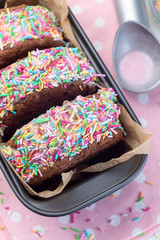 Homemade ice cream sandwich with chocolate chip cookie, watermelon ice cream,  covered with colorful sprinkles, vertical, top view