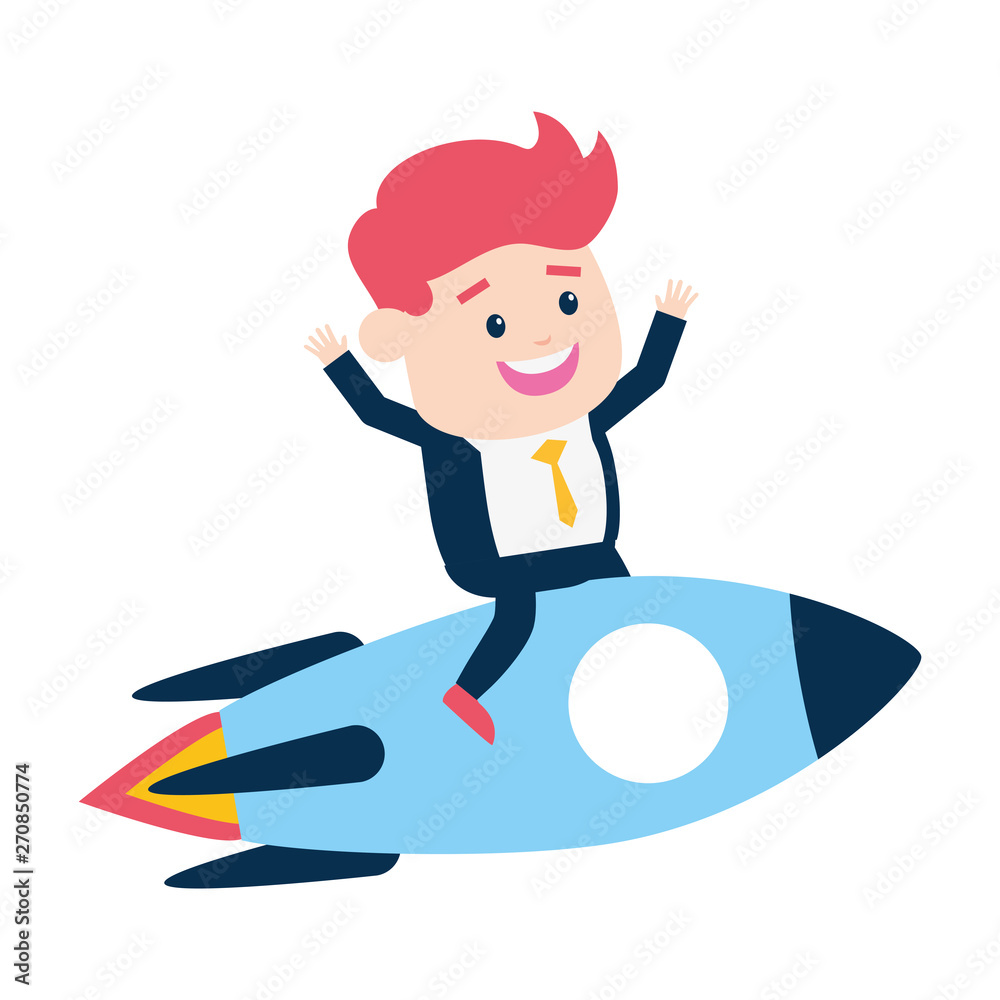 Sticker businessman sitting rocket