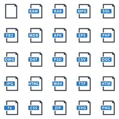 File Format Icon Set - vector illustration . file, files, format, document, svg, mpg, zip, eps, psd, jpg, apk, raw, rar, icons .