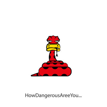 Cartoon reptile character. Funny suspicious sly python curled up with a ball poses with his tongue hanging out. Vector illustration. Spotted snake. Conceptual. How dangerous are you! Sarcasm.