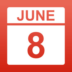 June 8. White calendar on a colored background. Day on the calendar. Illustration.