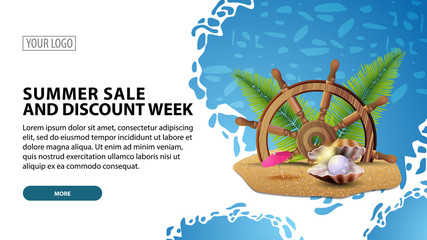 Summer sale and discount week, modern horizontal web banner with beautiful texture, steering wheel of the ship in the sand, palm leaves and pearl