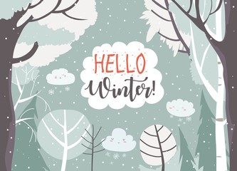Cartoon frame with winter forest. Hello winter © Maria Starus