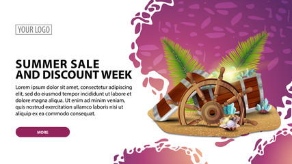 Summer sale and discount week, modern horizontal web banner with beautiful texture, treasure chest, ship steering wheel, palm leaves, gems and pearls