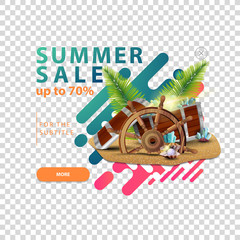 Summer sale, pop-up window with a discount banner for your website with treasure chest, ship steering wheel, palm leaves, gems and pearls