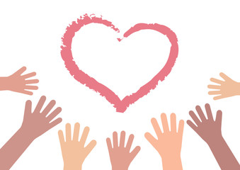 The hands of various people are drawn to the attic on a white background. Vector illustration. 