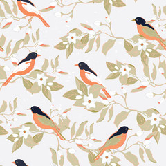 Little birds on the blossom orange trees, vector illustration