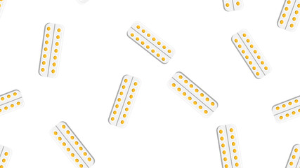 Seamless pattern texture of yellow round medical medicinal pharmaceutical pills tablets in packaging plates isolated on white background. Vector illustration