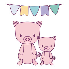 cute pigs animals with garlands party hanging