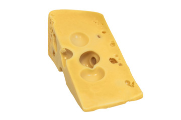 Isolated piece of maasdam cheese on white background
