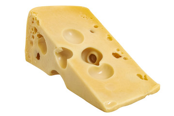 Isolated piece of maasdam cheese on white background